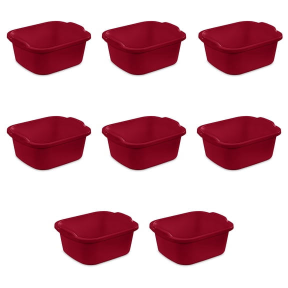 Sterilite 12 Qt. Dishpan, Multi-Purpose Plastic Wash Tub, Kitchen, Sink, Red, 8 Count
