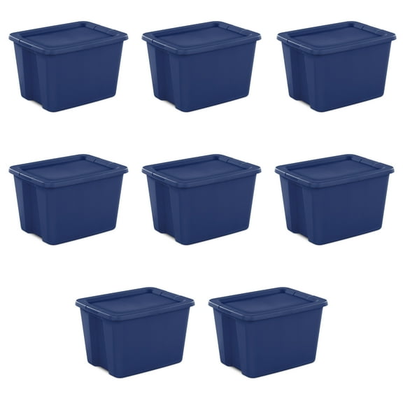 Sterilite Plastic 18 Gallon Tote Box Stadium Blue Set of 8