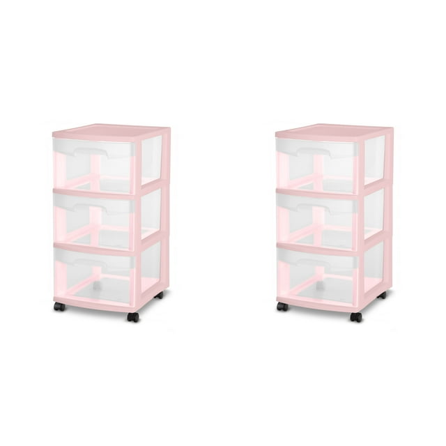 Sterilite Plastic 3 Drawer Cart Blush Pink Set of 2