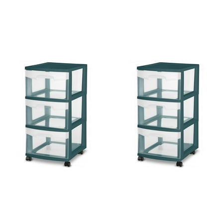 Sterilite Plastic 3 Drawer Cart Teal Rain Set of 2