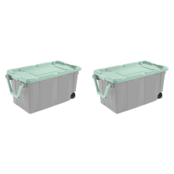 Sterilite Plastic 40 Gallon Wheeled Industrial Tote Classic Mint Set of 2
