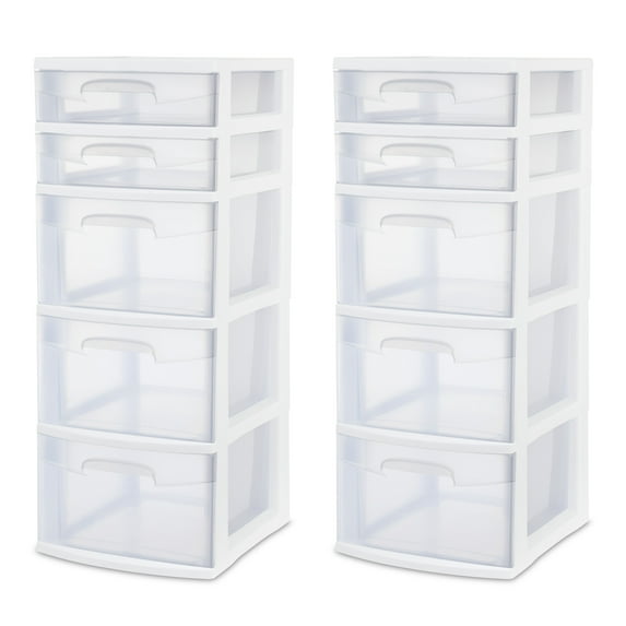 Sterilite Plastic 5 Drawer Tower White Set of 2