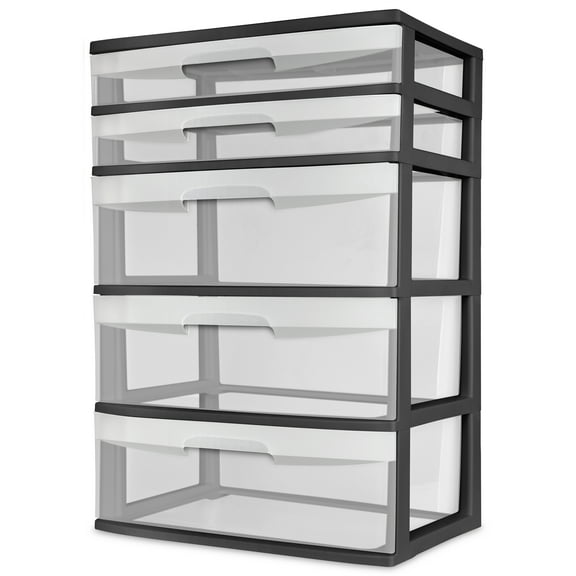 Sterilite 5 Drawer Wide Tower, with both Shallow and Deep Clear Plastic Drawers, Black