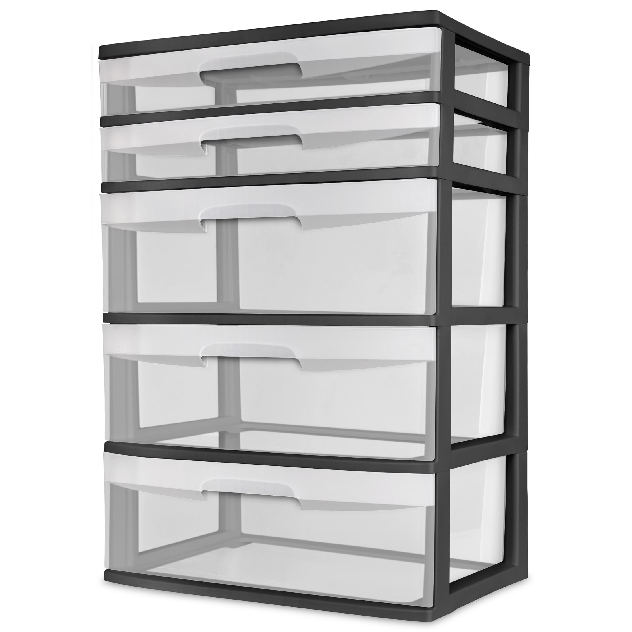 Sterilite 5 Drawer Wide Tower, with both Shallow and Deep Clear Plastic Drawers, Black