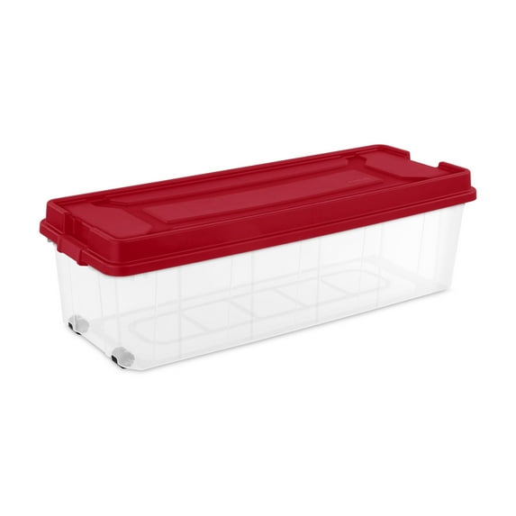 Sterilite Tree Box, Extra Large Clear Storage Bin with Latch Lid, Ideal for Holiday Trees (up to 7.5'), Red