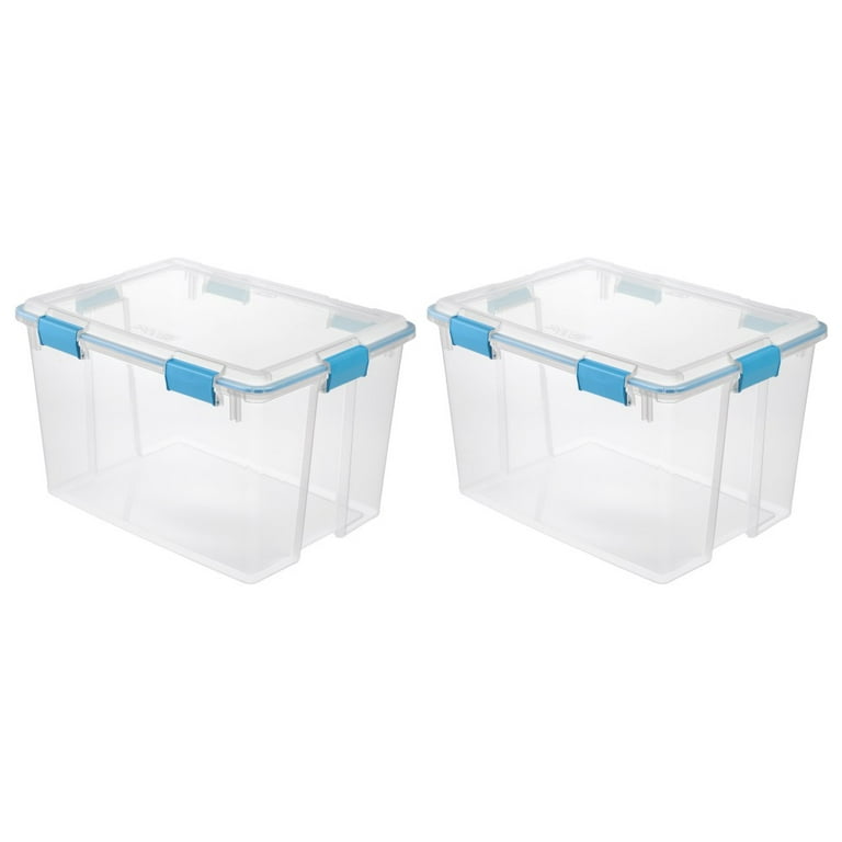 Sterilite 1938 Plastic Gasket Storage Box Container 80 Quart 76 Liter Air Tight Seal Clear with Blue Gasket and Latches, 2-Pack