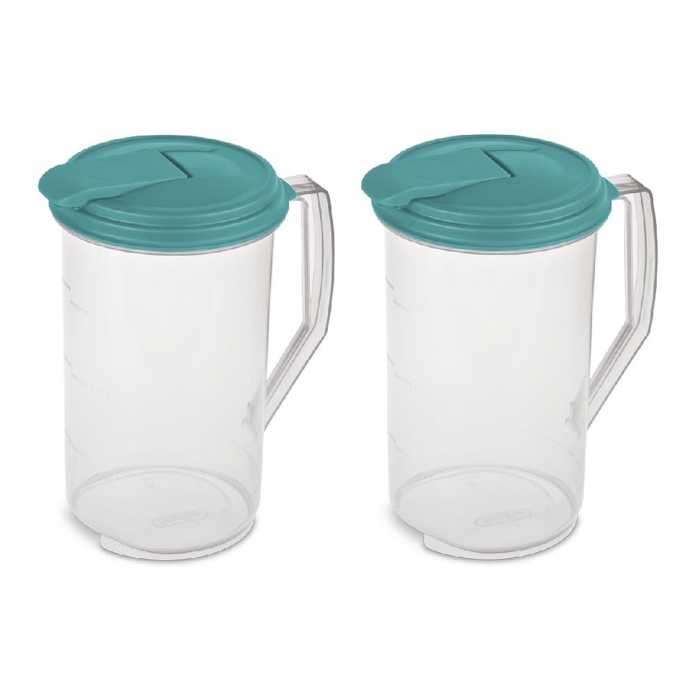 Sterilite 2 Qt Round Pitcher, Spout and Handle for Easy Pouring of Water or  Juice, Plastic, Dishwasher Safe, Plastic, Clear with Teal Lid, 12-Pack