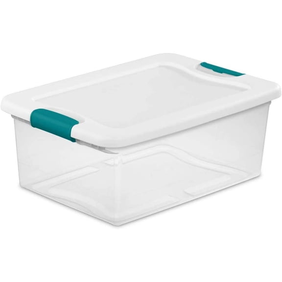 Sterilite Plastic Storage Box With Latch Lid - Stackable, 15 Qt, White/Clear, Blue Latches
