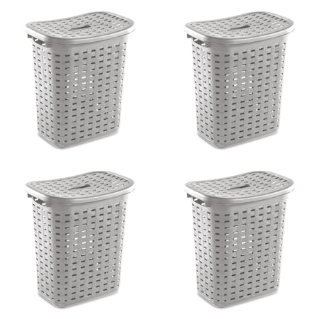 Sterilite Weave Laundry Hamper with Lid, Plastic Décor Pattern and 2 Carry Handles, Gray, 4 Count
