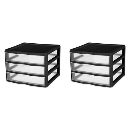 Sterilite Plastic Wide 3 Drawer Unit Black Set of 2