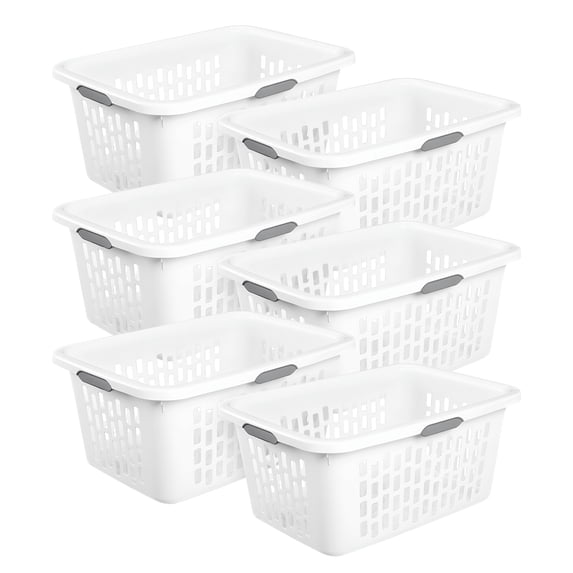 Sterilite Rectangle Laundry Basket, 2 Bushel Plastic Hamper with Handles, White, 6 Pack