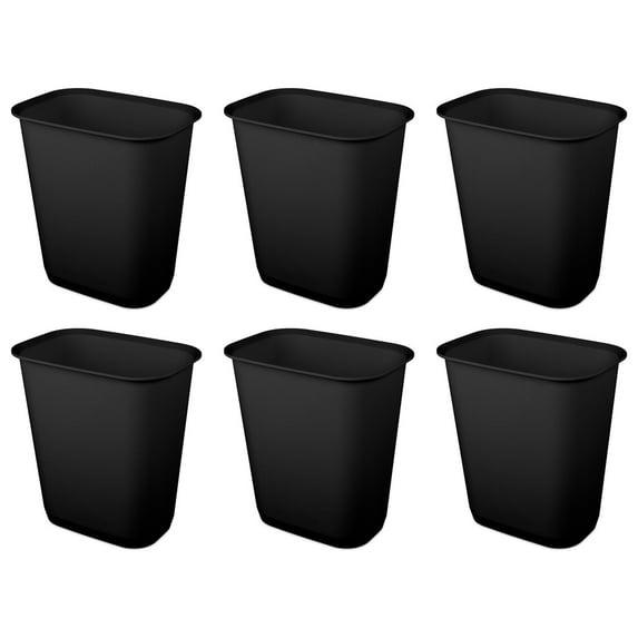 Sterilite Rectangular Wastebasket 9 Gal Open Top Trash Bin, 6 Pack, Black