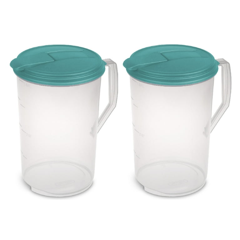 Sterilite Round Plastic Pitcher 1 Gallon Clear with Blue Lid, 2-Pack