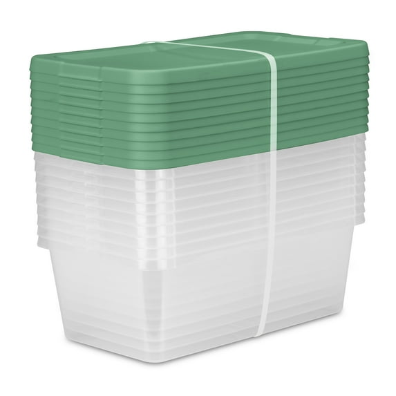 Sterilite, 6 Quart Clear Storage Bin, Snap-on Lid Storage Container, with Green Lid, Set of 10