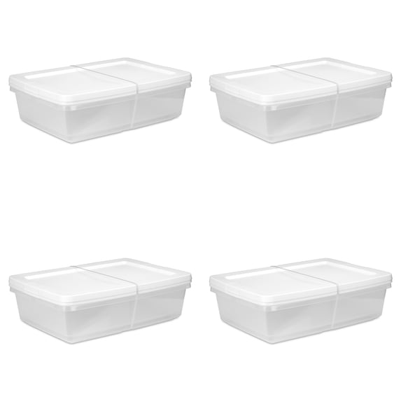 Sterilite Set of (2) Small Storage Bin, 28 Quart Clear Plastic Storage Container with Snap-On Lid, White 4 Pack