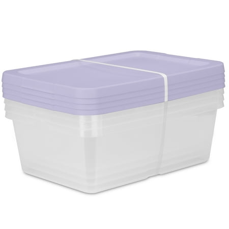 Sterilite, 12 Quart Clear Storage Bin, Snap-on Lid Storage Container, with Purple Lid, Set of 4