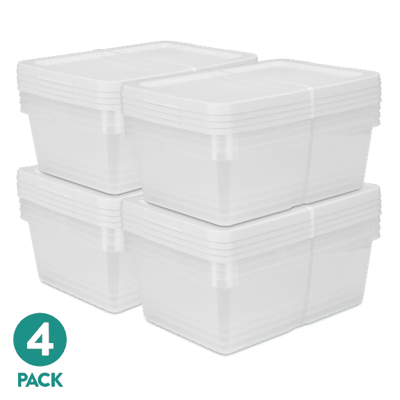 Sterilite Set of (4) Small Storage Bin, 12 Quart Clear Plastic Storage Container with Snap-On Lid, White, 4 Pack
