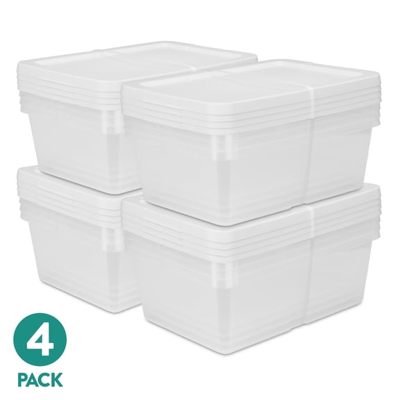 Sterilite Set of (4) 12 Quart Storage Boxes, Clear Plastic Storage Bins with Snap-on Lid, White, 4 Pack