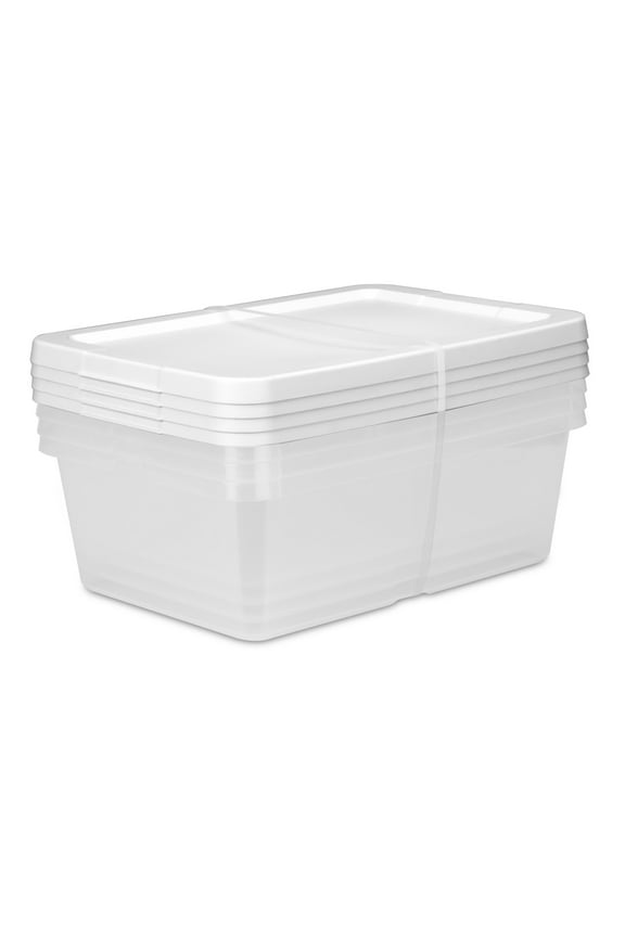 Set of (4) 12 Quart Storage Bins, Clear Plastic Storage Bin with Snap-on Lid, White