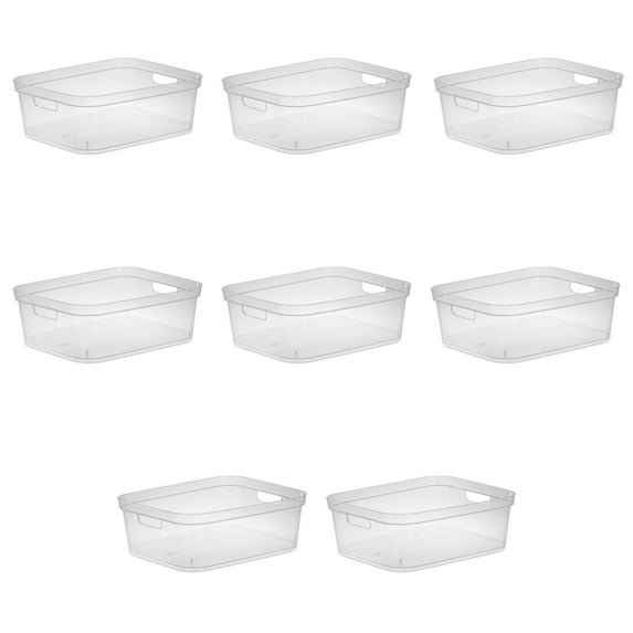 Sterilite Short Storage Bin, Clear Plastic, Easy Access Container with Carry Handles, 8 Count