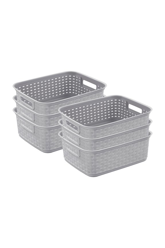 Short Weave Wicker Pattern Storage Container Basket, Gray (6 Pack)