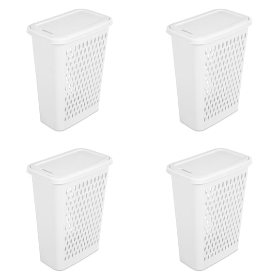 Sterilite Slim Laundry Hamper, Plastic, Lift-top Lid and Integrated Handles, White, 4 Count