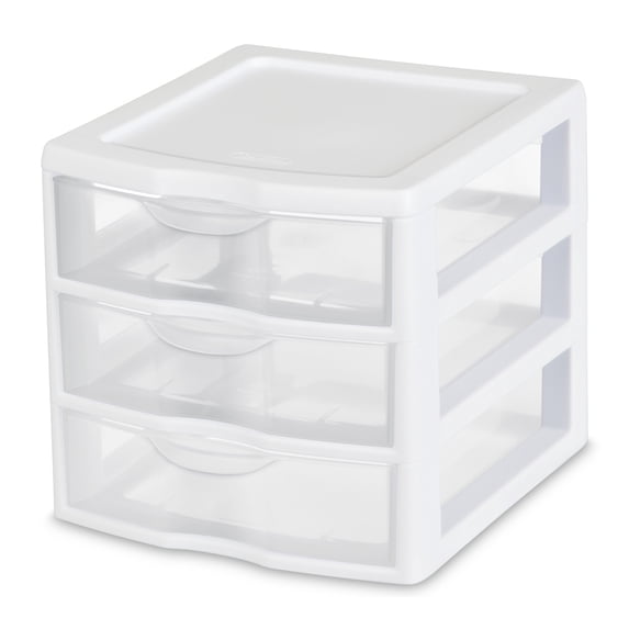 Sterilite Small 3 Drawer Unit, Countertop Organizer, Clear Storage Solution for Desks, Countertops, and Shelves, White