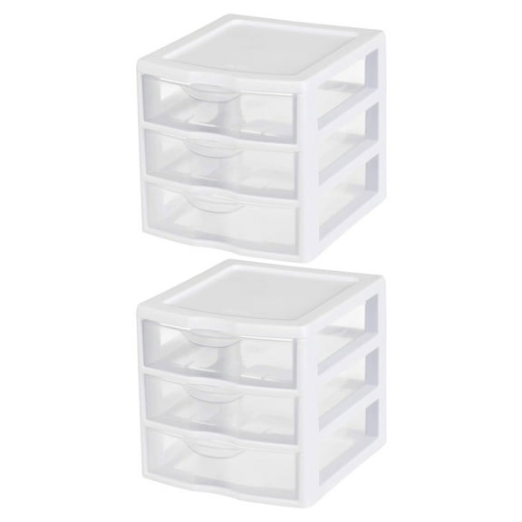 Sterilite Small 3 Drawer Organizer Storage Unit Stacks Plastic White With Clear Drawers, 2-Pack