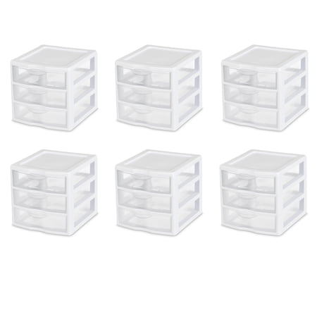 Sterilite Small 3 Drawer Unit, Clear Plastic Countertop or Desktop Drawers, White, 6 Pack