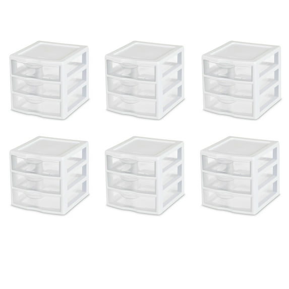 Sterilite Desktop Drawer, 3 Drawer Clear Plastic Countertop Drawer, White, Pack of 6