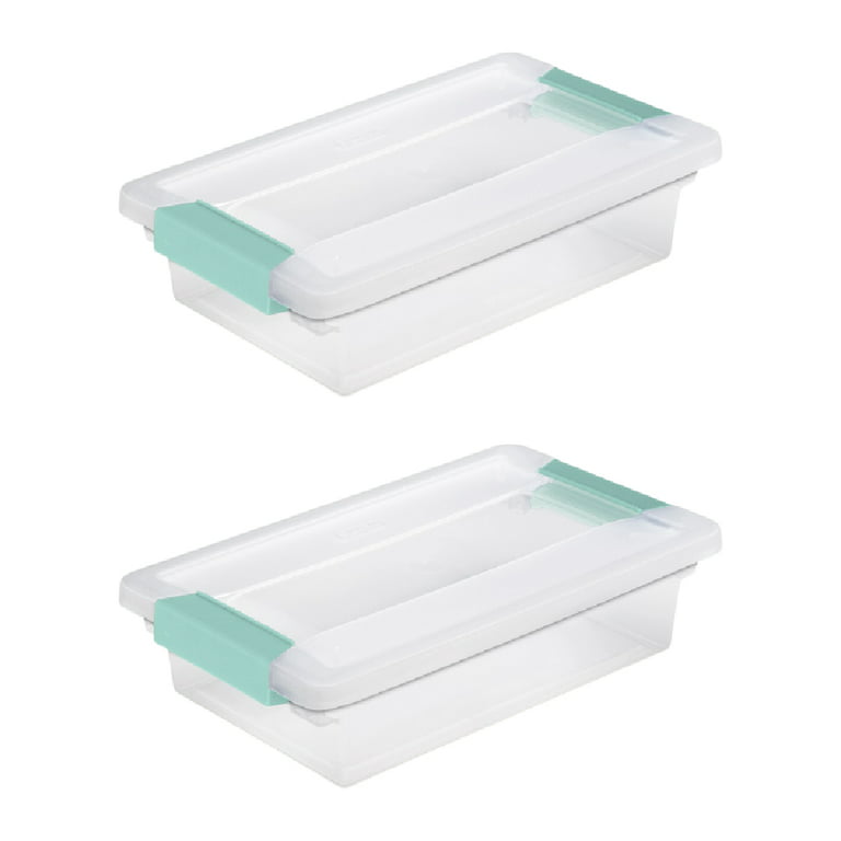 Sterilite Small Clip Box Plastic Storage Clear with Aqua Latches, 2-Pack