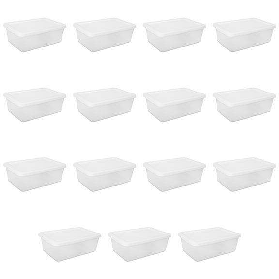 Sterilite Small Storage Bin, 12 Quart Clear Plastic Storage Container with Snap-On Lid, White, 15 Pack