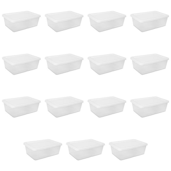 Sterilite 12 Quart Storage Box, Clear Plastic Storage Bin with Snap-on Lid, White, 15 Pack