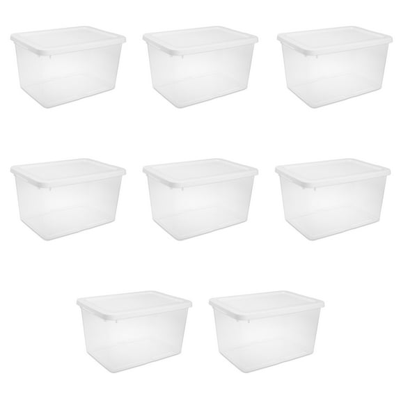 Sterilite Small Storage Bin, 20 Quart Clear Plastic Storage Container with Snap-On Lid, White, 8 Pack