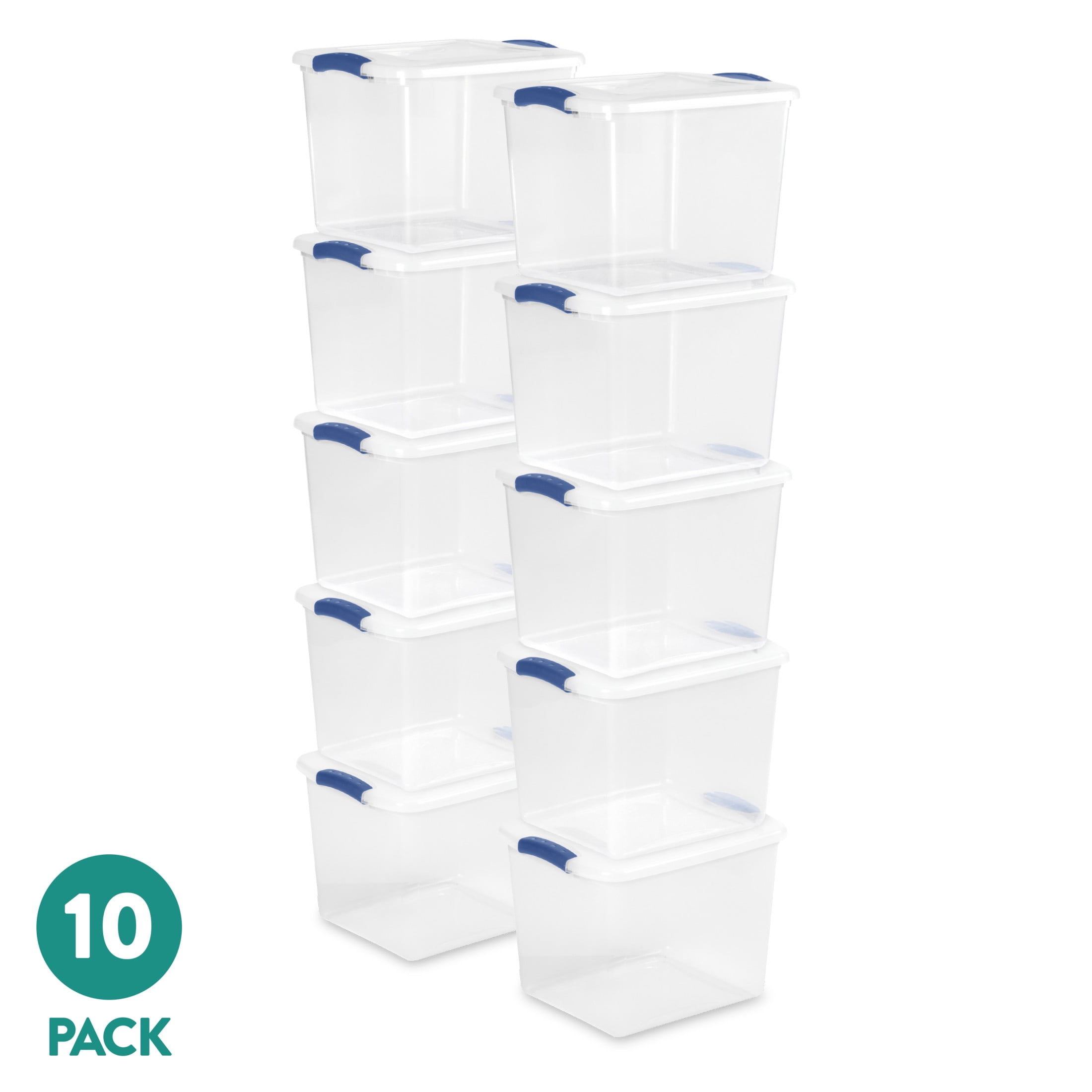 Sterilite Latching Storage Bin, 27 Quart Clear Plastic Storage Container with Latch Lid, Blue, 10 Pack