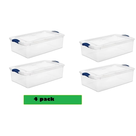 Sterilite Small Storage Bin, 32 Quart Clear Underbed Storage Container with Latch Lid, Blue ( 4 pack)