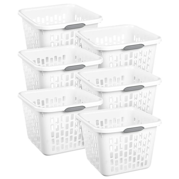 Sterilite Square Laundry Basket, 1.5 Bushel Plastic Hamper with Handles, White, 6 Pack