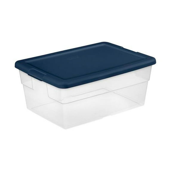 Sterilite Stackable 16 Qt Storage Box Container for Organization, Clear, Marine Blue Lid, 2 Pack