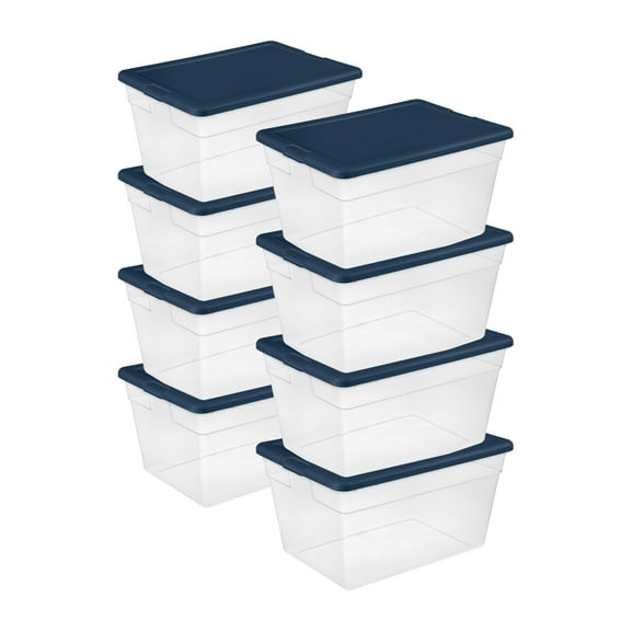 Sterilite Stackable 56 Qt Storage Tote, Clear with Marine Blue Lid, 8 Pack
