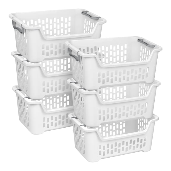 Sterilite Stacking Laundry Basket, 2 Bushel Plastic Hamper with Handles, White, 6 Pack