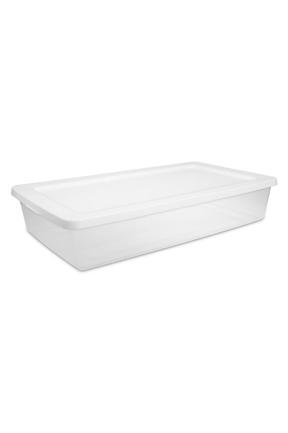 41 Quart Medium Storage Bin, Clear Plastic Underbed Storage Container with Snap-On Lid, White