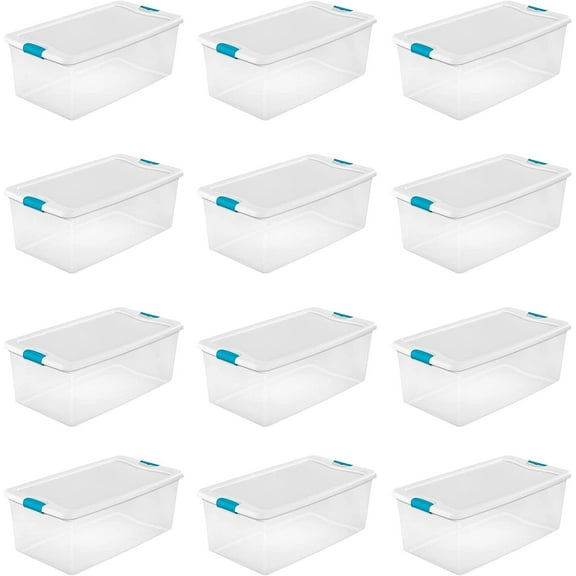 Sterilite Storage System Solution with 106 Quart Clear Stackable Storage Box Organization Containers with White Latching Lid, 12 Pack