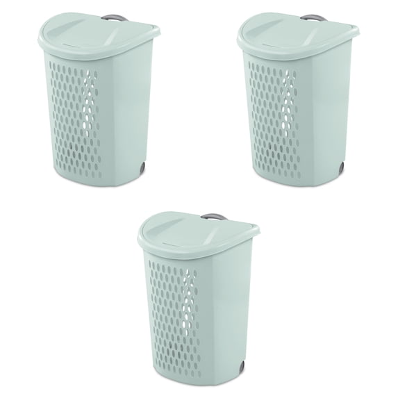 Sterilite Ultra™ Large Wheeled Hamper, Plastic Laundry Hamper with Wheels for Easy Transport, Mint, 3 Pack