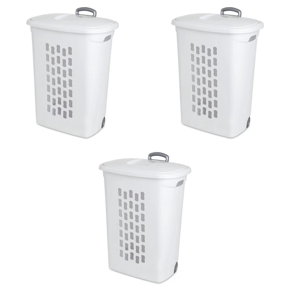 Sterilite Hamper w/Flip Top Lid, Retractable Pull Handle, & Wheels (3 Pack)