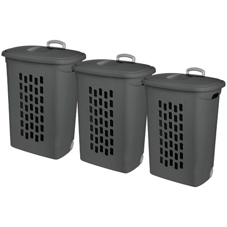 Sterilite 3-Pack Ultra Wheeled Hamper, Laundry Basket with Lid and Handle, Flat Gray