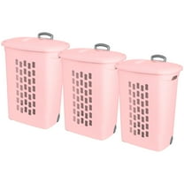 Sterilite Ultra Wheeled Hamper, Laundry Basket with Lid and Handle, Pink Frost, 3 Pack