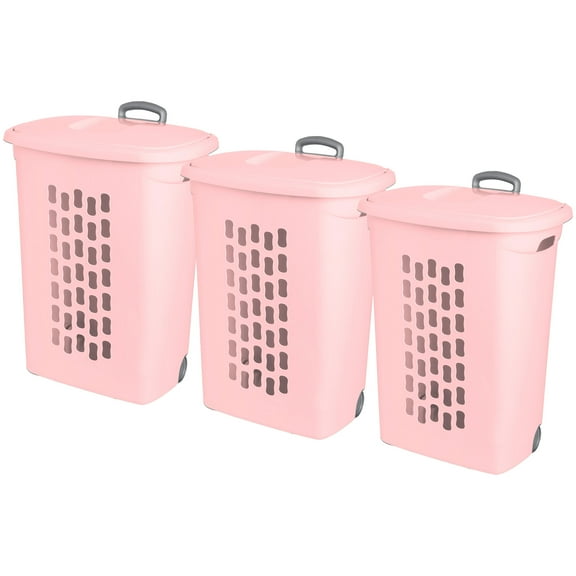 Sterilite Ultra Wheeled Hamper, Laundry Basket with Lid and Handle, Pink Frost, 3 Pack