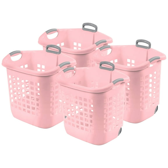 Sterilite Ultra Wheeled Laundry Basket, 1.7 Bushel with Handles, Pink Frost, 4 Pack