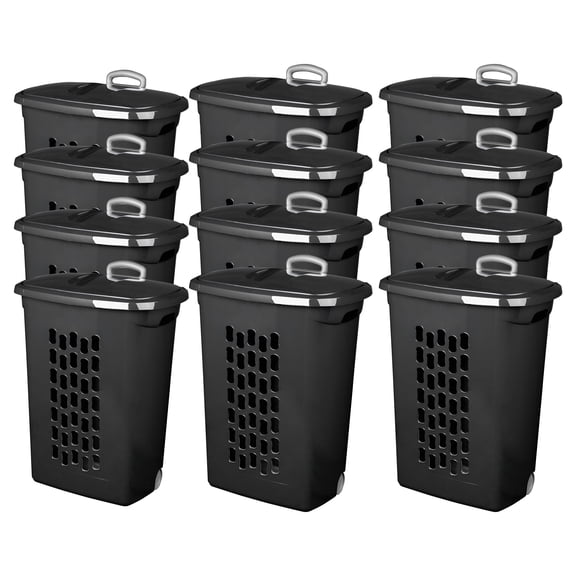 Sterilite Ultra Wheeled Laundry Hamper, Plastic Clothes Bin with Handle, Black, 12 Pack