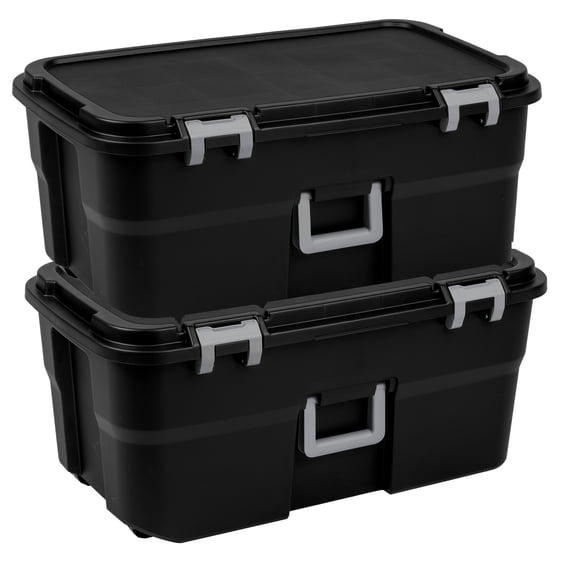 Sterilite Wheeled Footlocker, 22 Gallon Plastic Storage Container with Lid, Black, 2 Pack